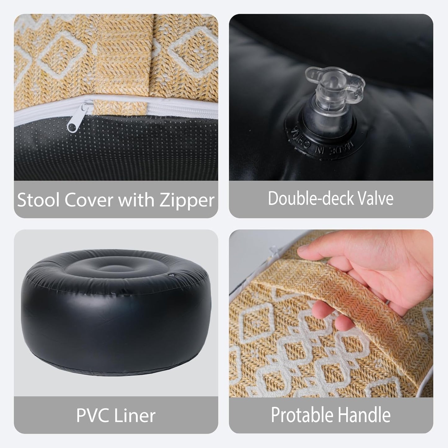 Outdoor Inflatable Ottoman with Air Pump, Embroidery Patio Footrest Stool D21”x H9”, Round Pouf Ottoman with Portable Handle Suitable for Garden, Camping, Bedroom, Living Room