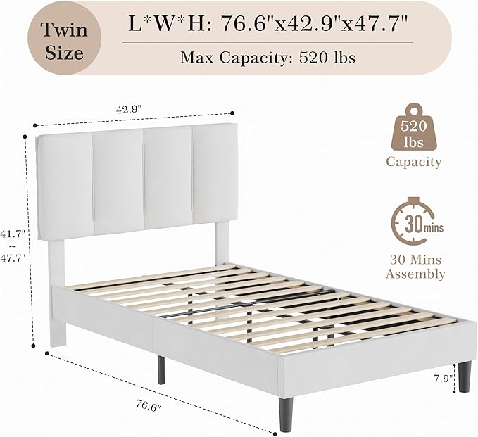 VECELO Twin Bed Frame with Upholstered Headboard, Heavy-Duty Platform Bedframe with Strong Wooden Slats Support, No Boxing Spring Needed, Pure White