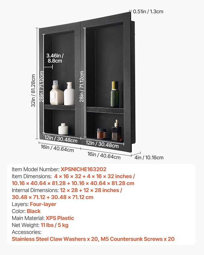 VEVOR Shower Niche, 16 x 32 inch + 16 x 32 inch Recessed Wall Niche with Movable Shelf, 4 inch Thick Modern Soap&Shampoo Storage Organizer,Square Corners,Sealed Waterproof,Black for Bathroom Shower