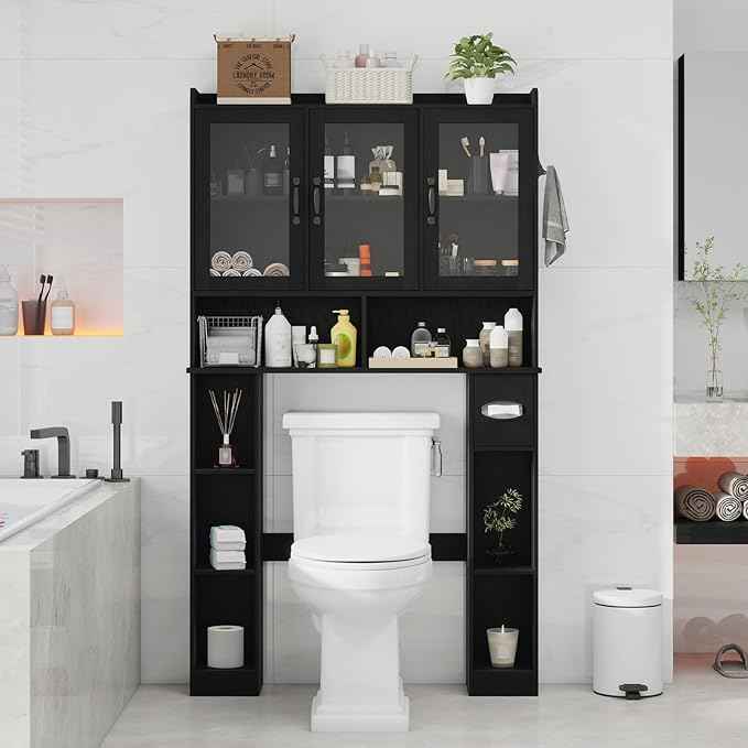 Vabches Over The Toilet Storage Cabinet,Farmhouse Bathroom Organizer with Glass Doors and Adjustable Shelf,Home Space-Saving Toilet Rack,for Restroom,Bathroom, Laundry
