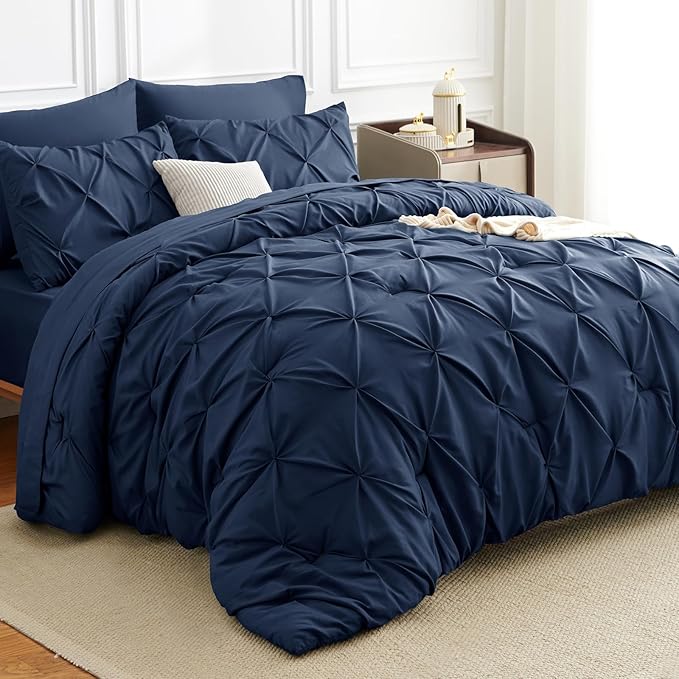 CozyLux Twin Comforter Set with Sheets Navy Blue, 5 Pieces Pintuck Bed in A Bag, Twin Bed Set Gift for Family, Pinch Pleat Bedding Set with Comforter, Sheets, Pillowcase & Sham