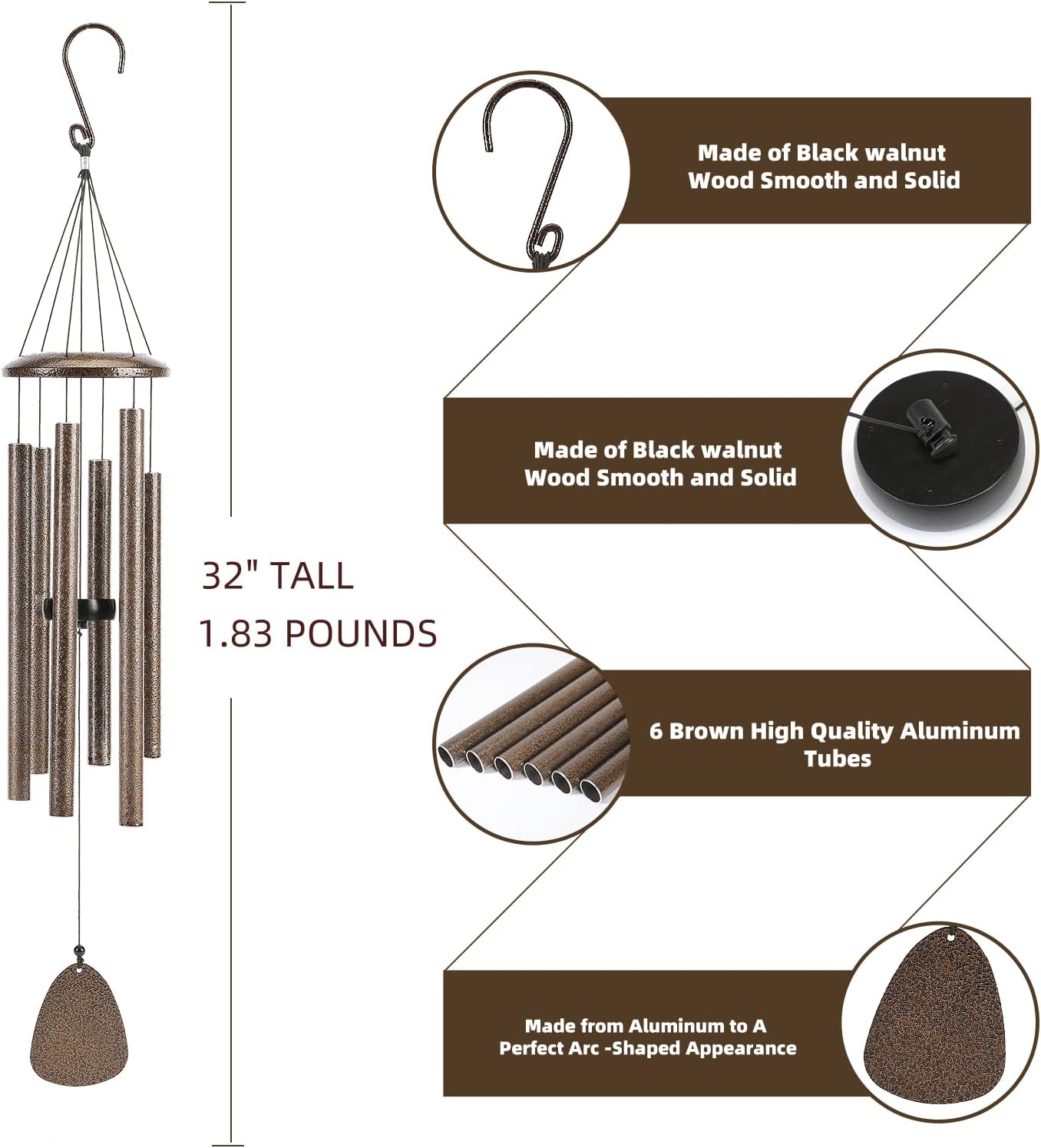 Wind-Chimes-Outdoor-Deep-Tone, Large Soothing Melodic Tones Windchimes, Wind Chimes for Outside, Memorial Wind Chime Best Gift for Mom Women Grandma Neighbors(32" Brown Coated Aluminum)