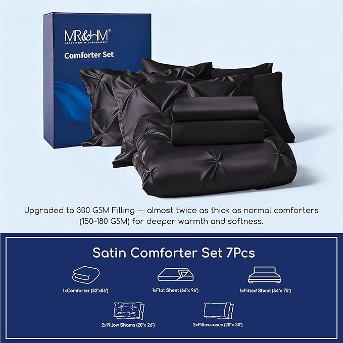 MR&HM Satin Comforter Full 7 Pieces - Luxurious Pinch Pleat Bedding Set with Comforter, Flat Sheet, Fitted Sheet, Pillowcases & Shams, Super Silky Soft Bed Set for All Season (Full, Black)