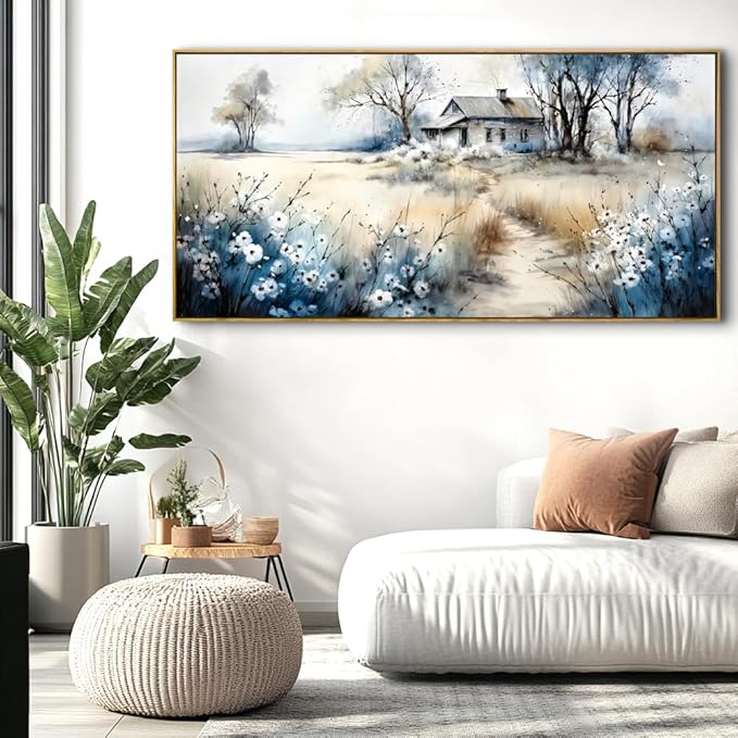Watercolor Landscape Art Wall Art - Framed Modern Canvas Painting for Living Room, Bedroom Home Office Decor, 48x24 Inch Ready to Hang