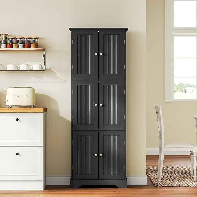 ChooChoo Tall Bathroom Storage Cabinet with 6 Doors, Freestanding Floor Cabinet with Adjustable Shelves, Black Pantry Cabinet for Bathroom, Kitchen, Laundry Room