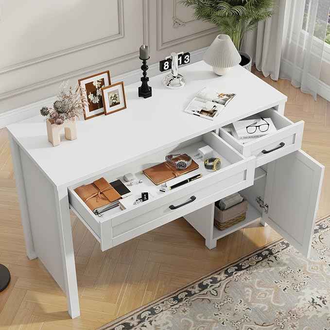 Vabches Farmhouse 47" Executive Desk, Computer Desk with Drawers and Storage Cabinet, Workstation Computer Desk for Home Office, Study.(Cream White)