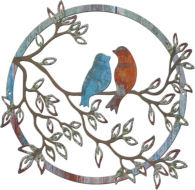 Ferraycle Metal Wall Art Bird on Tree Branch Silhouette Bird Art Decor for Living Room Garden Bedroom Office Home Wall Housewarming Party Decor(Retro Color)