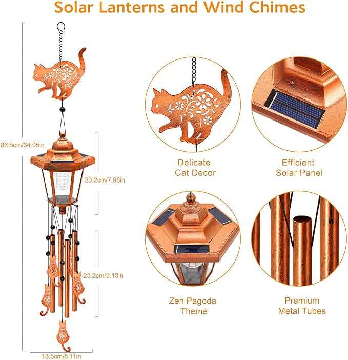 Cat Solar Wind Chimes for Outside, Birthday Gifts for Mom Women Grandma Mother's Day Memorial, 34-Inch Windchimes with Wind Spinner, Outdoor Hanging Solar Lights Waterproof Garden Decor Yard, 2 Pack