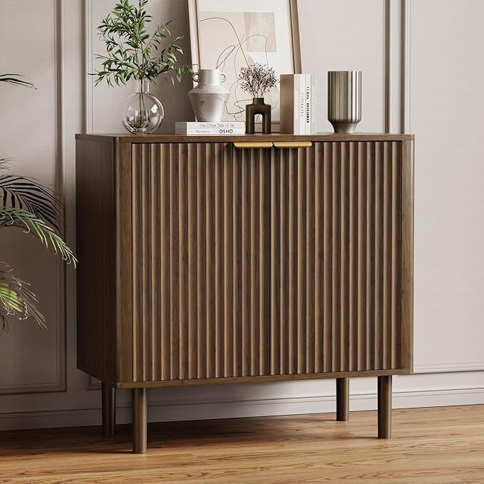 Sideboard Buffet Cabinet with Storage, Modern Fluted Accent Credenza with Doors & Adjustable Shelves, Wood Coffee Bar Console Table for Living Room, Dining Room, Kitchen, Entryway 31.5" Walnut