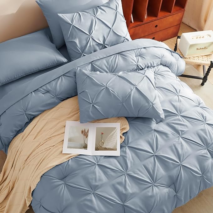 CozyLux Full Size Comforter Sets Grayish Blue, 7 Pieces Pintuck Bed in A Bag Blue Comforter Full Size, Pinch Pleat Bedding Sets with All Season Comforter, Sheets, Pillowcases & Shams