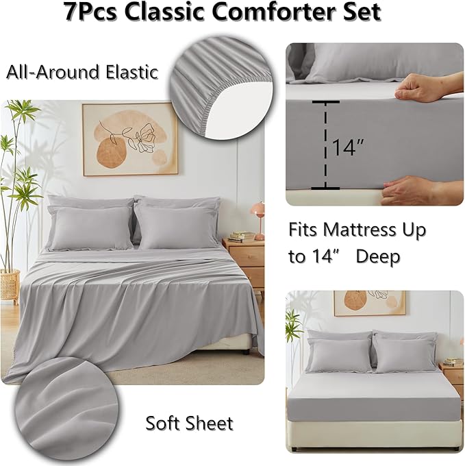 CozyLux Queen Comforter Set French Grey - Bed in a Bag Queen Size 7 Pieces, Luxury Soft Bed Set for All Seasons, Bedding Set with Down Alternative Comforter, Sheets, Pillowcases & Shams