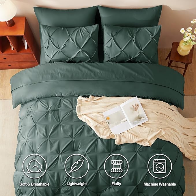 CozyLux Queen Comforter Set Forest Green, 7 Pieces Pintuck Bed in A Bag, Premium Green Comforter Queen Size, Pinch Pleat Bedding Sets with Comforter, Sheets, Pillowcases & Shams