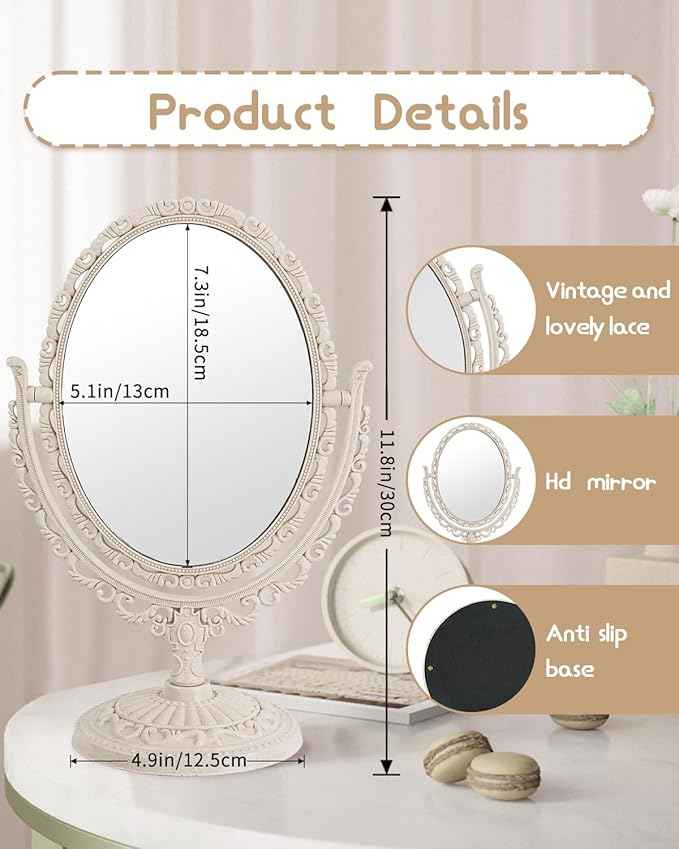 XPXKJ Vintage Vanity Mirror Shabby Chic Decor | 360° Rotating Double-Sided Table Makeup Mirror with Stand Bedroom Decoration Perfect for Tabletop, Desk, or Makeup Station