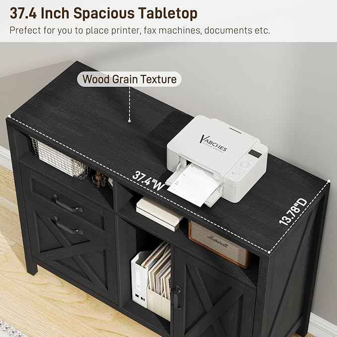 Vabches Lateral File Cabinet, Farmhouse 2 Drawer File Cabinet with Open Storage Shelf for Letter/A4 Size Hanging Files, Large Wood File Storage Cabinets Printer Stand for Home Office, Black