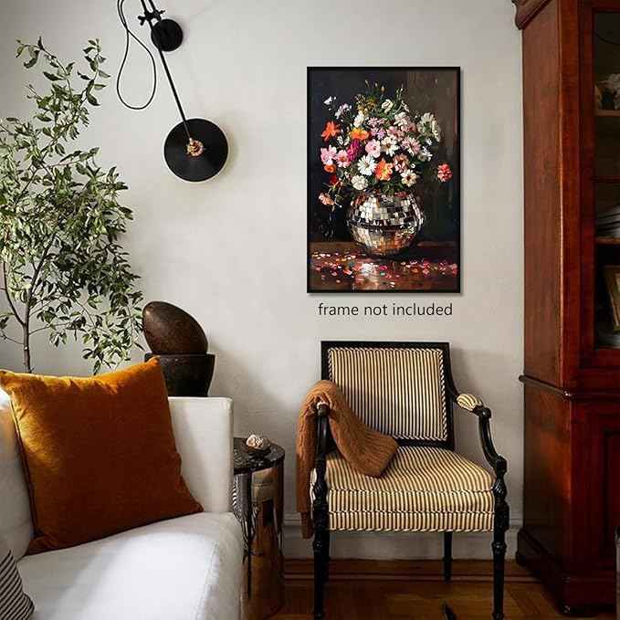 Colorful Moody Florals Disco Ball Wall Art, Maximalist Funky Wildflowers Bouquet Disco Ball Canvas Poster, Retro Cottagecore Flower Prints Paiting, Vintage Eclectic Wall Decor 16x24in Unframed