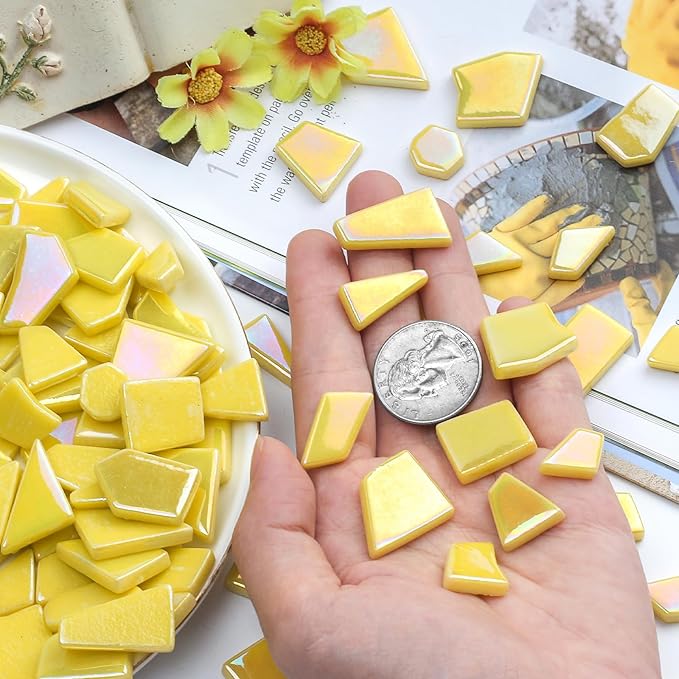 Youway Style Iridescent Glass Mosaic Tiles for Crafts Bulk,200g Yellow Broken Mosaic Glass Pieces for Garden Crafts Kits,DIY Mosaic Art Decor