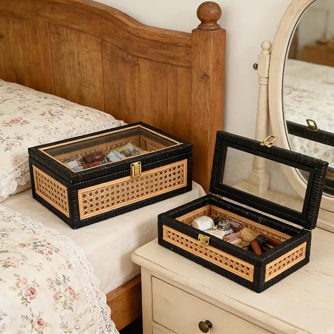 Black Rattan Decorative Storage Boxes with Glass Lids – Set of 2 Cane Weave Display Cases with Solid Wood Base – Nesting Coffee Table Organizer for Remotes, Jewelry & Keepsakes