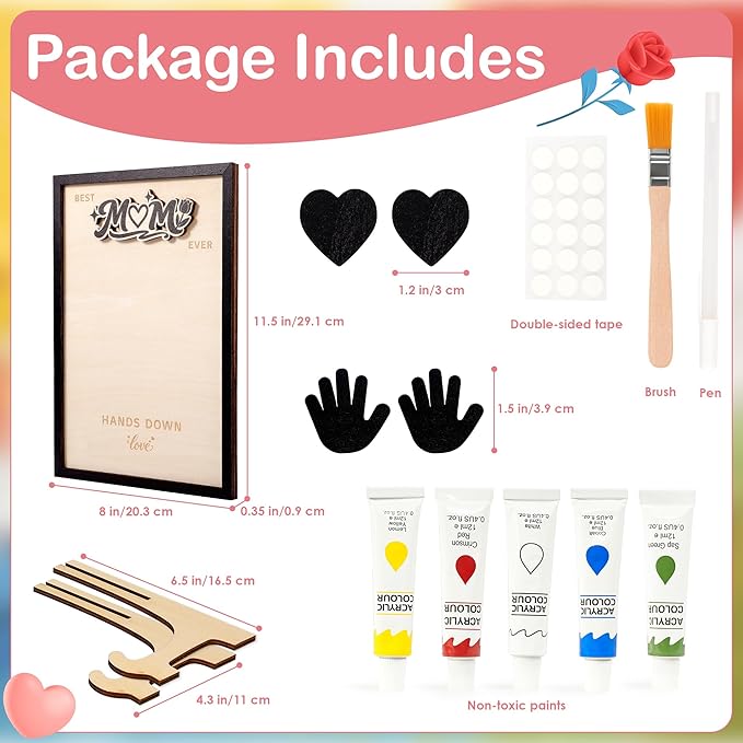 Mothers Day Gifts from Kids, DIY Handprint Craft Kit with 5 Non-Toxic Paint, Wooden Family Keepsake Frame with Kids Names, Hands Down Best Mom Ever Sign, Mothers Day Gift from Son Daughter