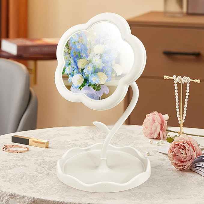 Desk Mirror, Desk Flower Compact Adjustable Vanity Mirror, Office Cubicle with Jewelry Tray & Foundation Brush, Cute Makeup Mirror with Standing, Home Decor for Bedroom Living Room Dormitory(White)
