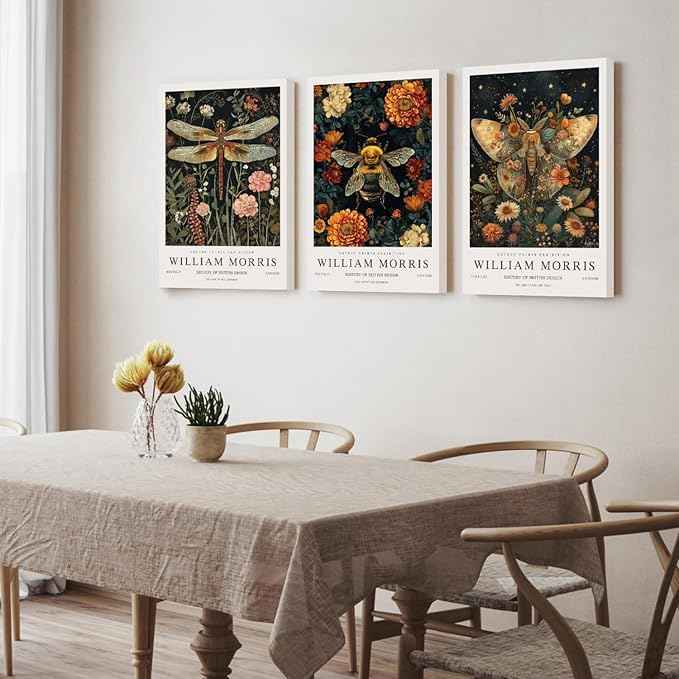 Hianan William Morris Animal Botanical Inspired Canvas Wall Art, Vintage Dragonfly Bee Butterfly Poster Prints, Maximalist Nature Flower Aesthetic Pictures for Living Room Bedroom Framed 16"x24"x3