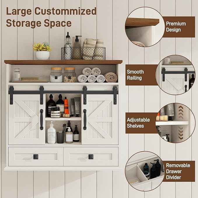 Vabches Bathroom Wall Cabinet, Farmhouse Medicine Cabinet with Double Sliding Barn Door and Storage Drawer, Wooden Vintage Storage Cabinet Wall Mounted for Bathroom, Kitchen, Rustic White and Brown