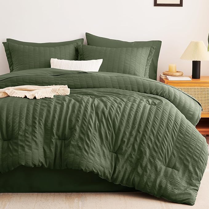 CozyLux Oversized Queen Comforter Set Olive Green Seersucker 7 Pieces Bed in a Bag Queen Comforter Set with Sheets, Luxury Soft Bedding Set with Down Alternative Comforter, Sheets, Pillowcases & Shams