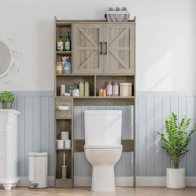 Over The Toilet Storage Cabinet, Farmhouse Storage Cabinet Over Toilet with 2 Barn Door & Toilet Paper Holder Stand, Home Space-Saving Rack, for Bathroom, Restroom (Grey).