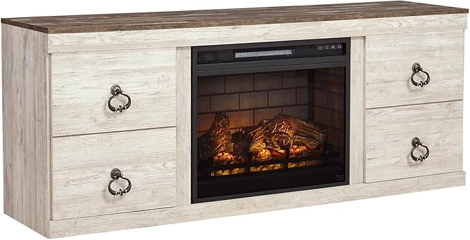 Signature Design by Ashley Willowton Cottage 60" TV Stand with Electric Fireplace for TVs up to 69", Whitewash