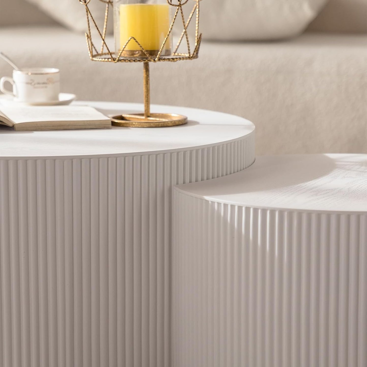 Round Nesting Coffee Table White Round Fluted Coffee Table Set of 2 for Living Room Small Circle Drum Coffee Tables Crescent End Table (White A 18in)