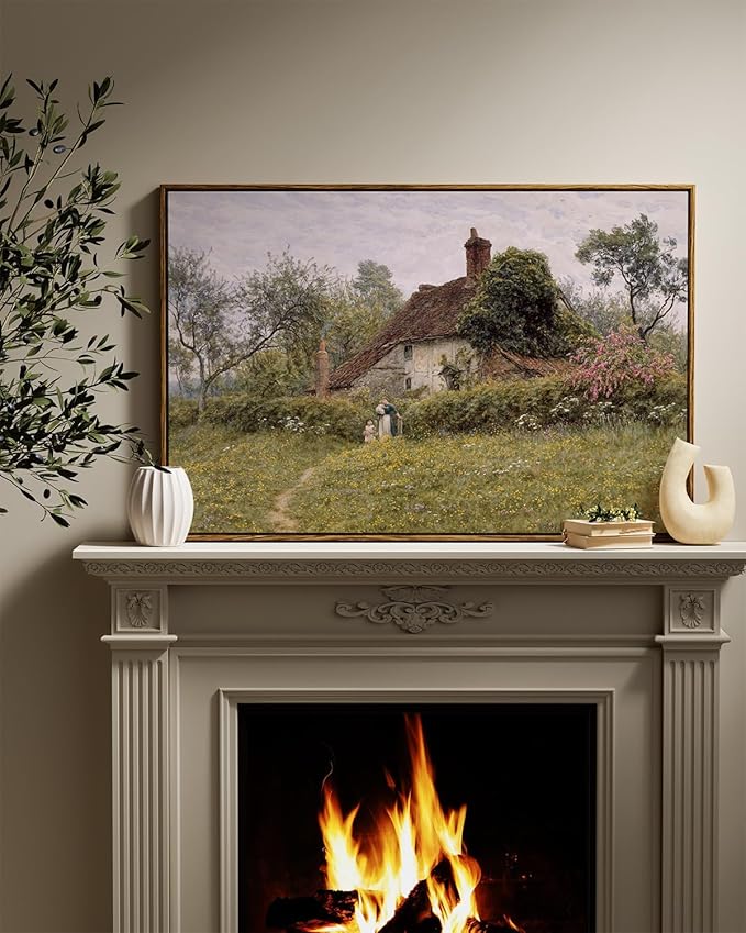 InSimSea Framed Canvas Wall Art Vintage Decor, Old Cottages Countryside Large Canvas Wall Art, Rustic Farmhouse Hanging Wall Decor for Bedroom Living Room Bathroom, 24"x36"