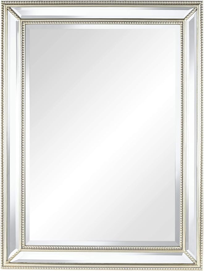 Uttermost Palais Rectangular Vanity Decorative Accent Wall Mirror Modern Beaded Beveled Glass Mottled Silver Mirrored Frame 30" Wide for Bathroom Bedroom Living Room Home House Office