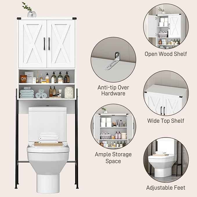 Vabches Over The Toilet Storage Cabinet, Farmhouse Over Toilet Storage Cabinet, Metal Frame with 2 Barn Doors, Home Space-Saving Toilet Rack for Bathroom, Toilet, Laundry Room