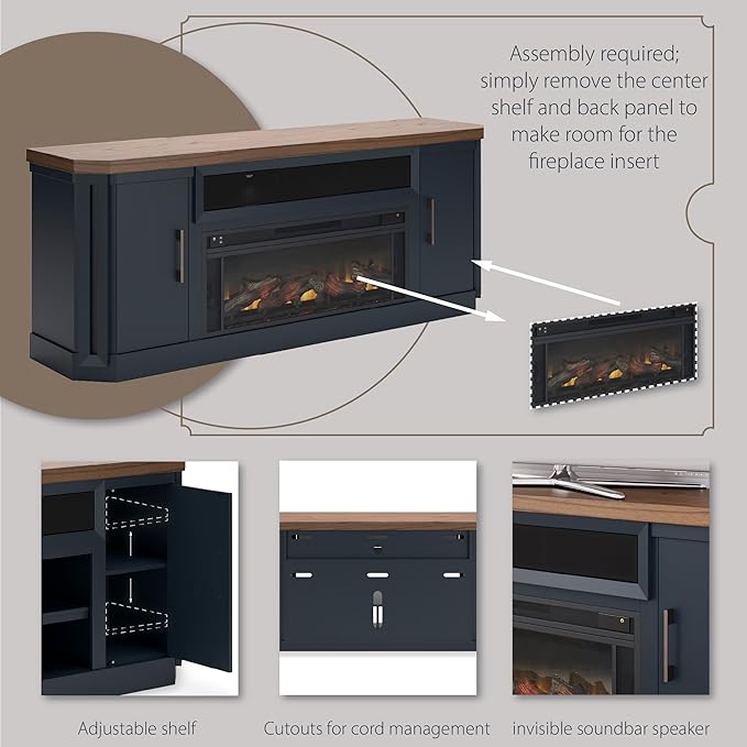 Signature Design by Ashley Landocken Contemporary 83" TV Stand with Electric Fireplace for TVs up to 95", Blue & Light Brown