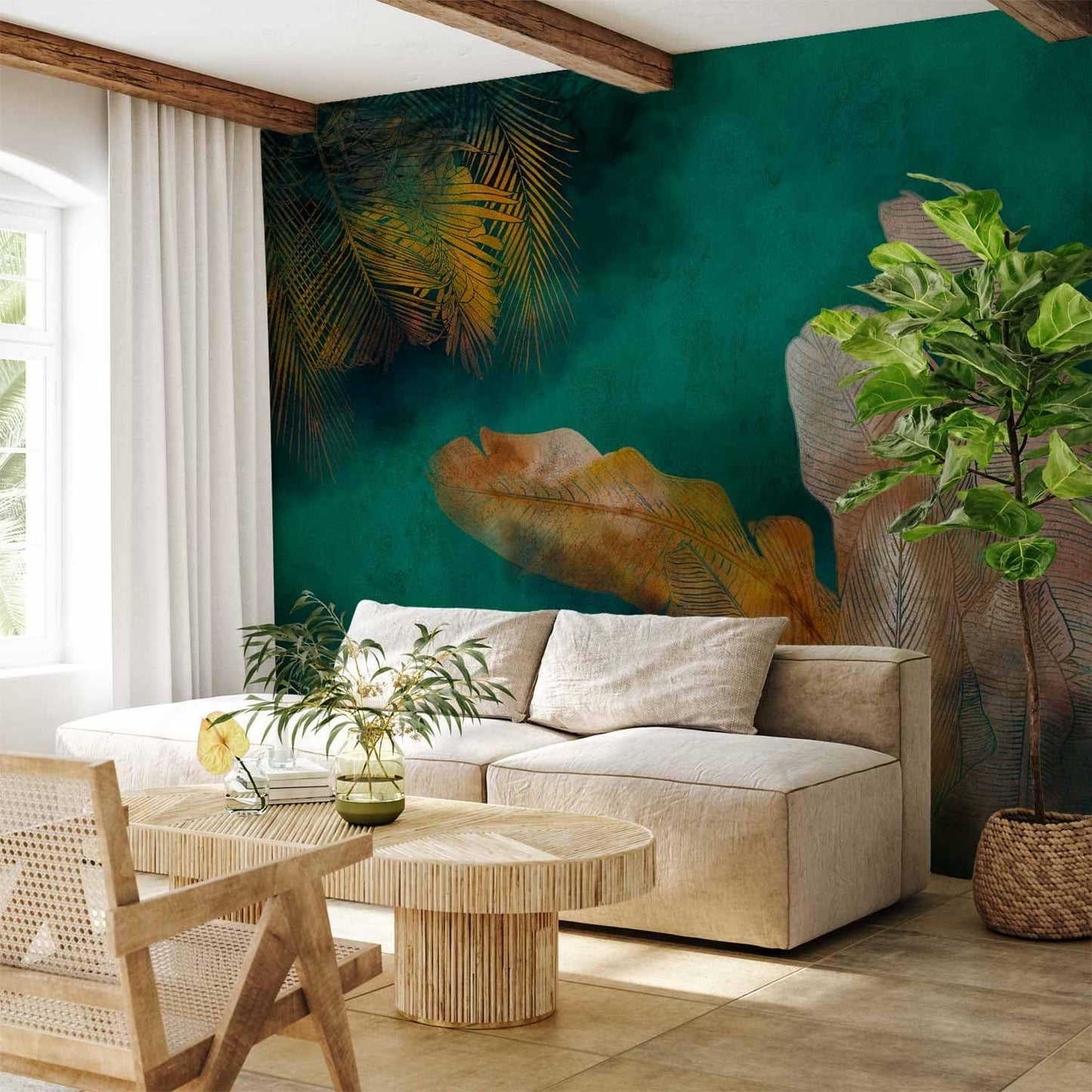 artgeist Premium Wall Mural Jungle 138x101 in - Non-Woven Wallpaper Fleece Wall Decor Photo Print Picture Image Design Leaves Green Yellow Nature b-A-0825-a-a