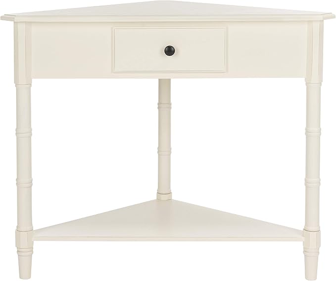 SAFAVIEH Home Collection – Gomez Distressed Cream Corner Accent Table with Drawer & Shelf, Space-Saving Triangular Design, Small Space Storage Table (AMH5709C)