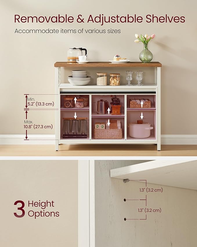 VASAGLE Buffet Cabinet, Coffee Bar Storage Cabinet, Sideboard with 2 Sliding Barn Doors, Adjustable Shelves, 13 x 39.4 x 31.5 Inches, for Living Room, Rustic White and Honey Brown ULSC092W01
