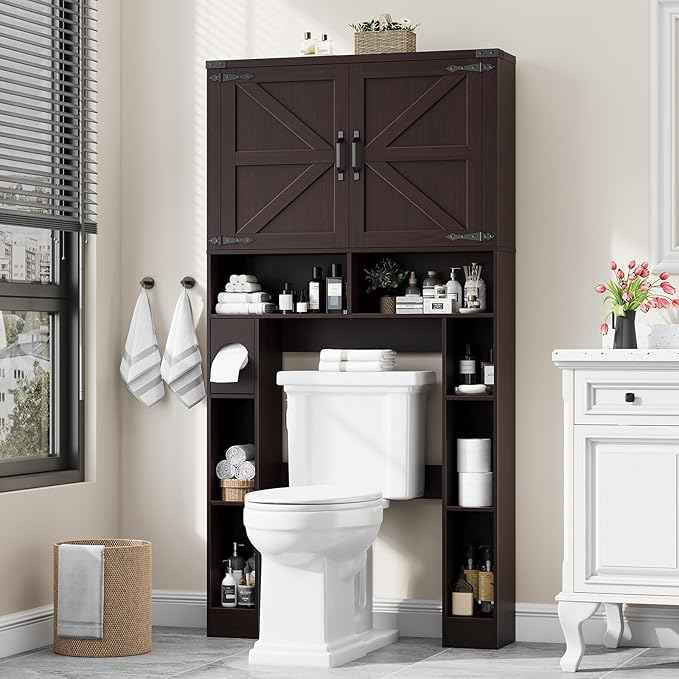 Vabches Over The Toilet Storage Cabinet, Farmhouse Storage Cabinet Over Toilet with 2 Barn Doors ，Toilet Paper Holder Stand，Home Space-Saving Toilet Rack, for Laundry, Restroom, Bathroom(Walnut)
