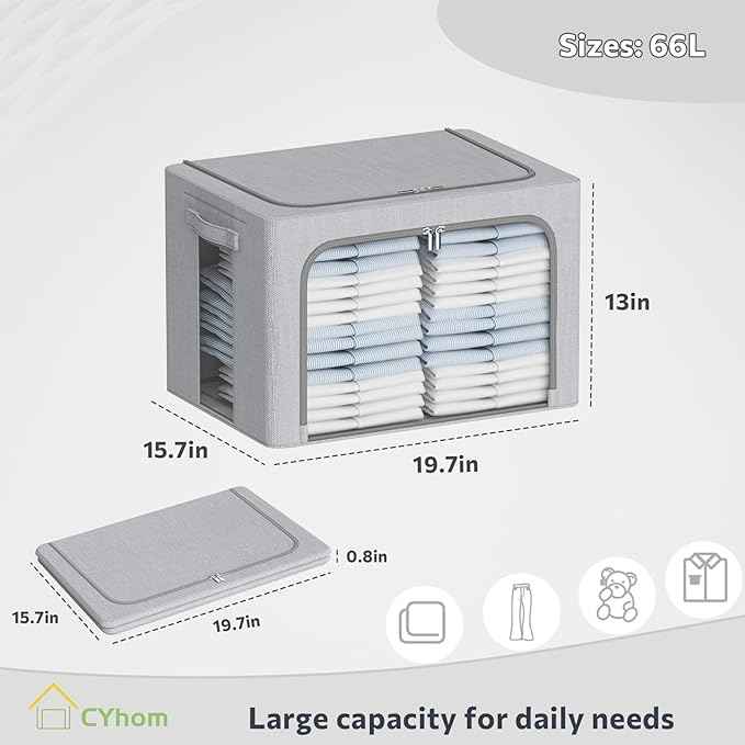 CYhom Clothes Storage Bins Box - Foldable Stackable Container Organizer Set with Clear Window & Carry Handles & Metal Frame - 2Pack Large Capacity for Bedding, Blankets, Books