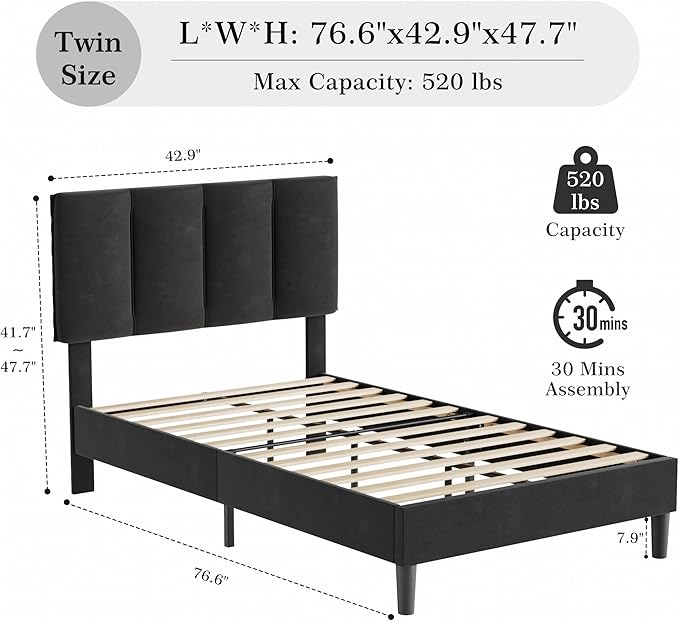 VECELO Twin Size Bed Frame with Upholstered Headboard, Heavy-Duty Bedframe with Wooden Slats & Steel Framework, Easy Assembly, Velvet & Black