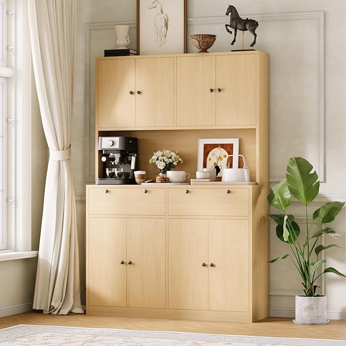 Garvee 71" Tall Kitchen Pantry Storage Cabinet with Charging Station, Food Hutch with Drawers, Doors, Shelves, and Countertop for Dining Room