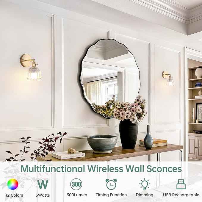 Vintage Battery Operated Wall Sconce with Transparent Tulip Glass Lampshade Rechargeable Battery Powered Wall Light with Remote Control for Bedside Bedroom Doorway
