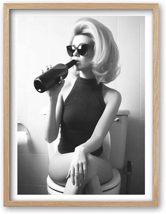 iHery Natural Wood Framed Woman On Toilet Drinking Wine Wall Art, 12x16in OAK Frame Black and White Funny Print, Alcohol Bathroom Poster, Retro Fashion Wall Decor Set of 1