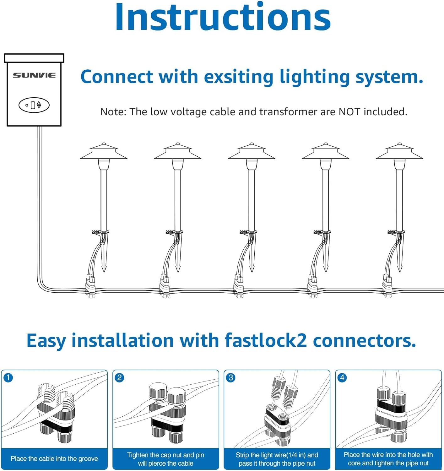 SUNVIE 3W Low Voltage Pathway Lights Wired Landscape Path Lights Outdoor Low Voltage Landscape Lighting 3000k Waterproof LED Landscape Lights with Connector for Garden Walkway, 4 Pack