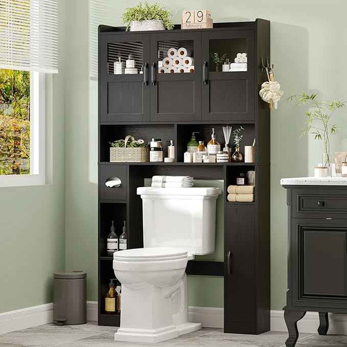 Over The Toilet Cabinet,Farmhouse Toilet Cabinet Rack with 3 Acrylic Doors and Adjustable Storage Shelf,Space Saving Bathroom Organizer with Toilet Paper Holder Stand for Restroom, Laundry，Black