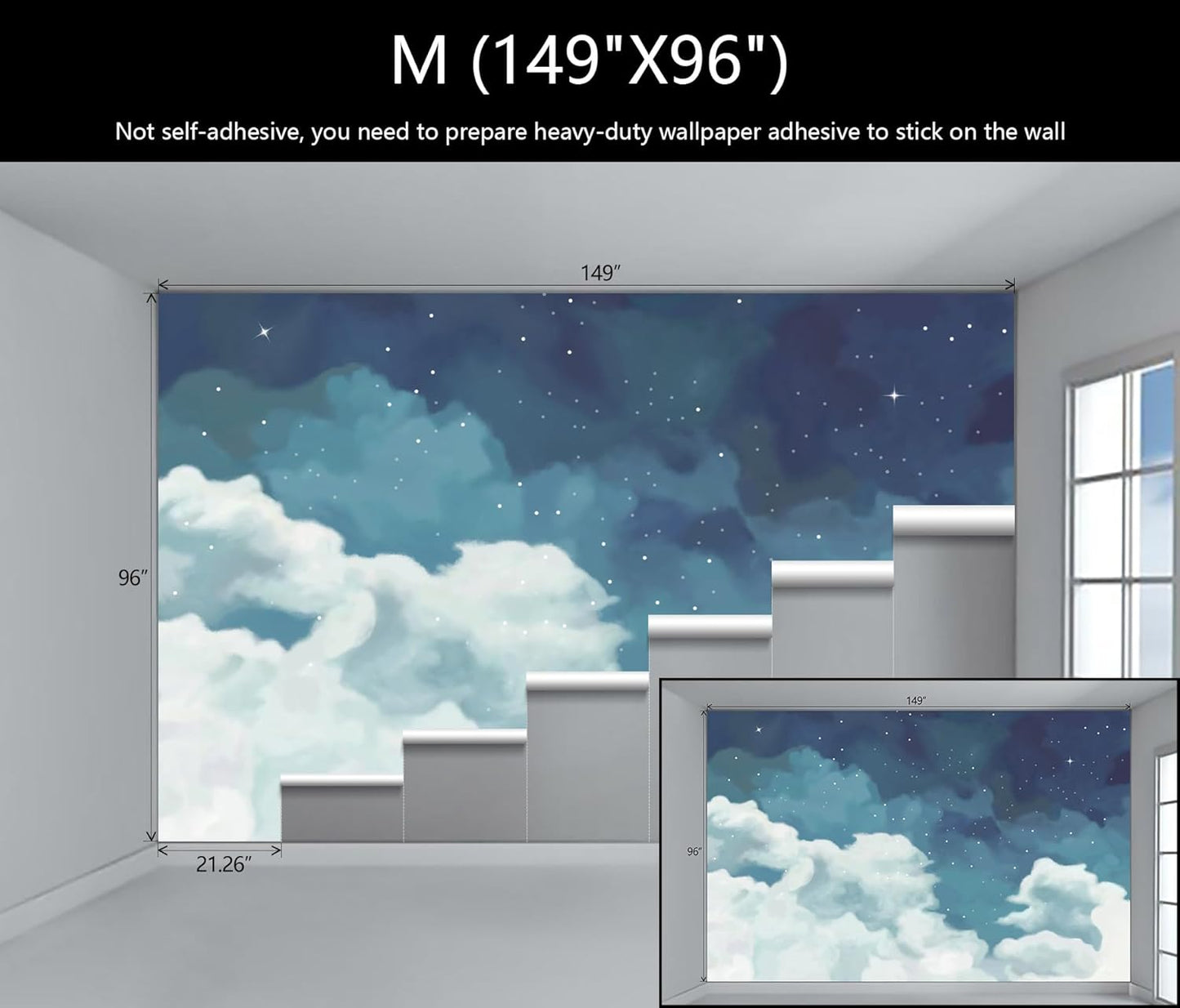 WFBHUA-Vintage Cloud Wallpaper Hand Painted Blue and White Clouds Stars Kids Wall Murals Decor for Bedroom Room(Not Peel and Stick)