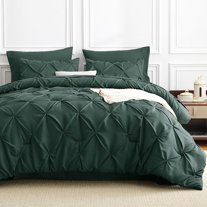 CozyLux King Size Comforter Set Forest Green, 7 Pieces Pintuck Bed in A Bag Green Comforter King Size, Pinch Pleat Bedding Set with All Season Comforter, Sheets, Pillowcases & Shams