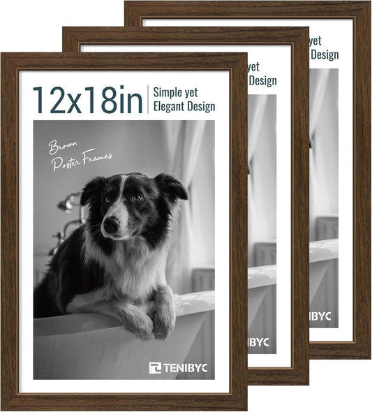 12x18 Poster Frame 3 Pack - Brown Woodgrain, Wood Poster Frame, HD Tempered Glass, Wall Gallery Picture Photo Frame