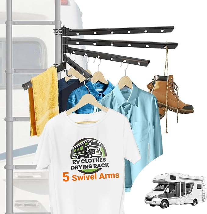 RV Clothes Drying Rack, 26.5-inch Width Ladder Mounted Clothes Drying Rack with 5 Swivel Arms, All Metal, Foldable Design, 90 LBS, RV Must Have for MotorHomes, Fifth Wheels, Trailers