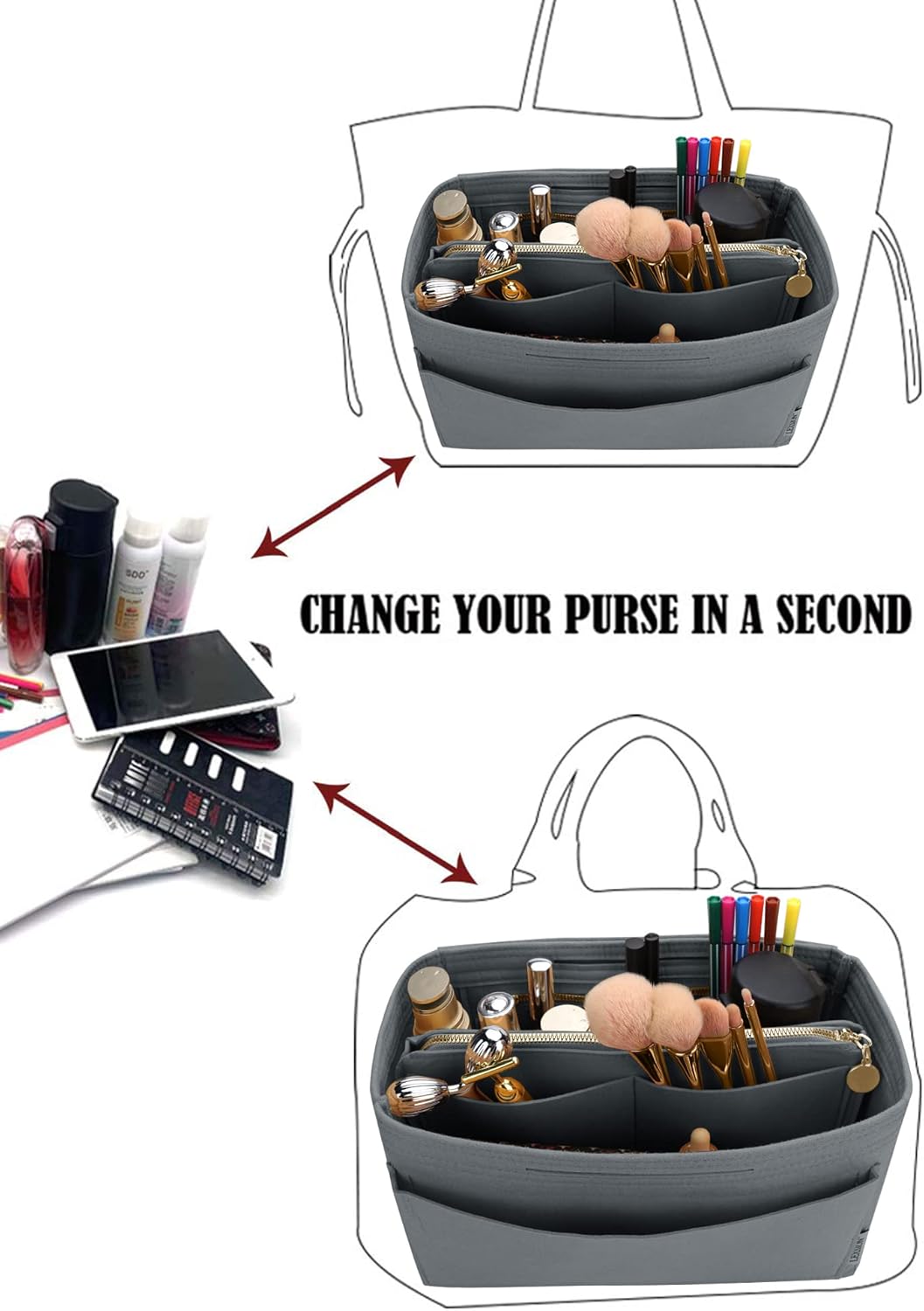 LEXSION Felt Purse Bag Organizer Insert with zipper Bag Tote Shaper Fit Speedy Neverful PM MM