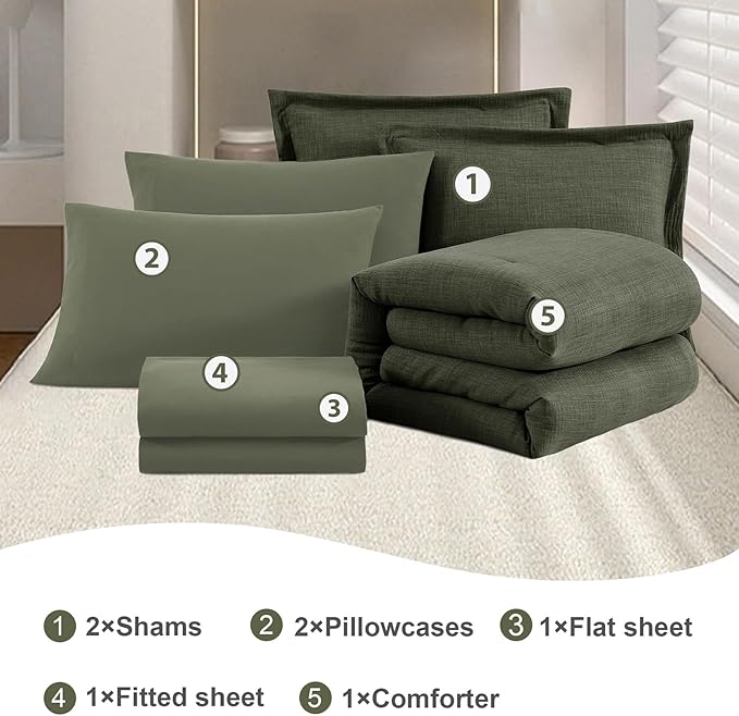 Geniospin Dark Olive Green Oversize Queen Comforter Set - 7 Pieces Comforter Queen Size, Solid Bedding Set for All Season, Textured Bed in a Bag with Sheets